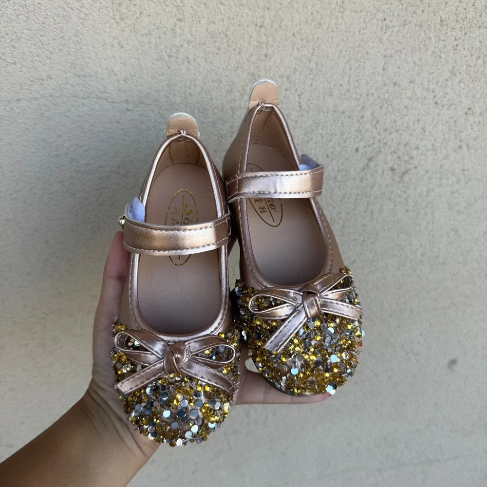 Shao Mary Jane Flats Kids Size 27 Rose Gold Sequin Bow Dress Shoes Sparkly Bling